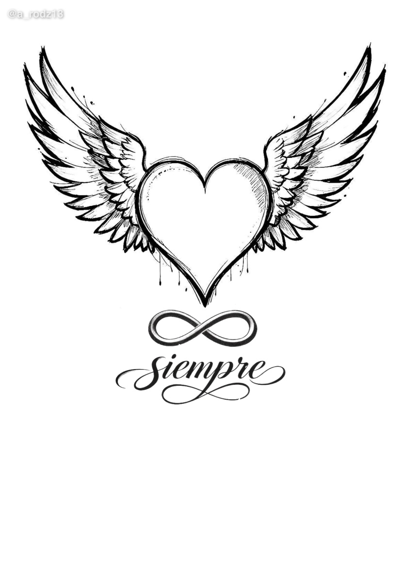 Corazón y alas junto a un infinito y lettering